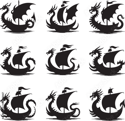 Nine stylized viking ship dragons in various artistic poses