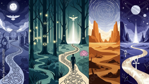 Five surreal landscapes depicting a winding path through different realms representing spiritual journeys destiny and the unknown in a stylized illustration