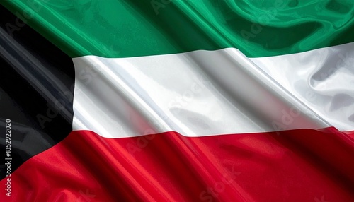 National flag of Kuwait with green, white, and red stripes and black trapezoid on the left.
