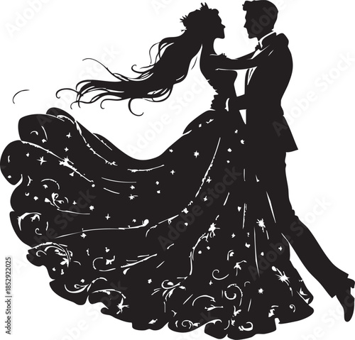 A beautiful vector illustration featuring the black silhouette of a married couple, a bride in a fashion gown with a bouquet and a groom dancing in a romance ceremony on a white background