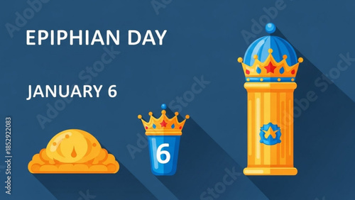 Epiphany Day illustration with golden crown icons and column January 6th celebration concept flat design vector graphic on blue background
