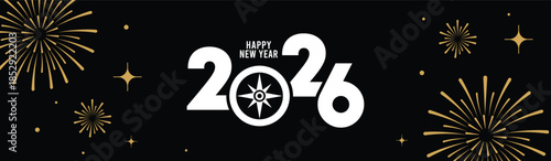 Festive black banner with bold white 2025 Happy New Year typography, surrounded by elegant golden fireworks and sparkling stars, perfect for holiday greetings, celebrations, party invitations.