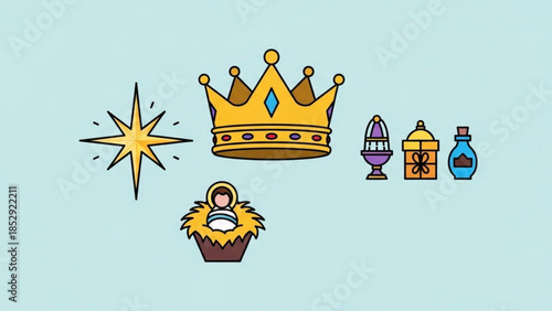 Nativity scene icons including a star crown gifts and baby Jesus in a manger flat vector illustration for Christmas and religious concepts