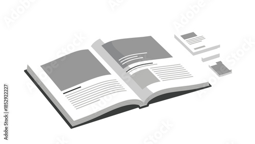 Open book or magazine with textual content and visual elements, complemented by smaller stacked papers, representing publishing, education, and information dissemination.