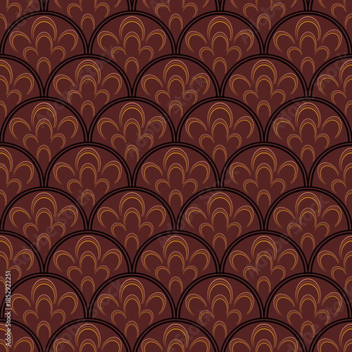 ​Description: Decorative golden-brown pattern with arched rainbow scales, dotted borders, and central abstract leaf motifs in warm earthy tones.