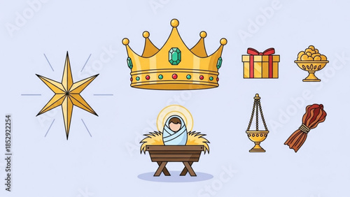 Nativity scene icons including a star crown baby Jesus gift and incense flat vector illustration for Christmas and religious themes