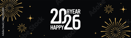 Festive black banner with bold white 2025 Happy New Year typography, surrounded by elegant golden fireworks and sparkling stars, perfect for holiday greetings, celebrations, party invitations.