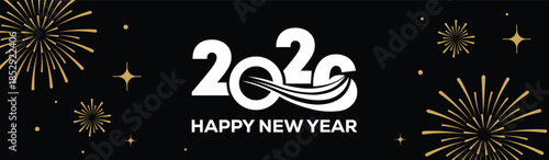 Festive black banner with bold white 2025 Happy New Year typography, surrounded by elegant golden fireworks and sparkling stars, perfect for holiday greetings, celebrations, party invitations.