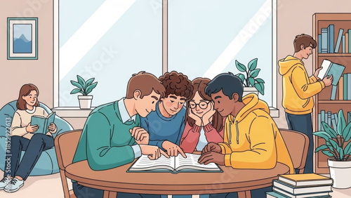Diverse group of young students studying together in a library collaborating on a book with others reading in the background representing education and teamwork