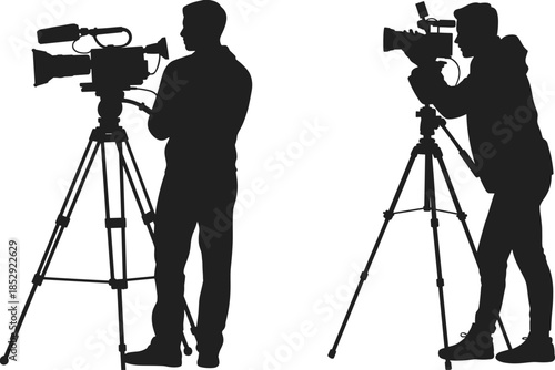 Cameraman silhouettes operating professional broadcast video cameras on tripods black vector illustration isolated on white background media production concept