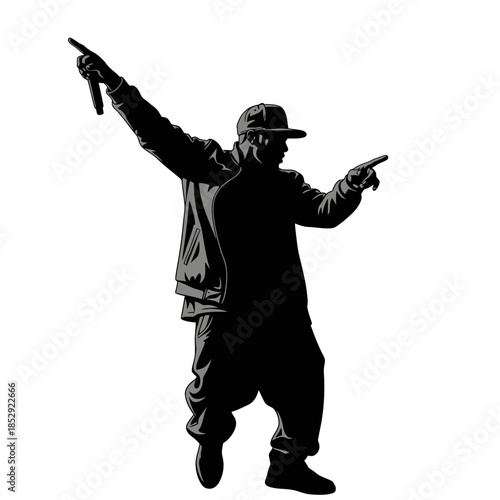 Dynamic silhouette of a male rapper performing on stage, holding a microphone and gesturing with his hands.