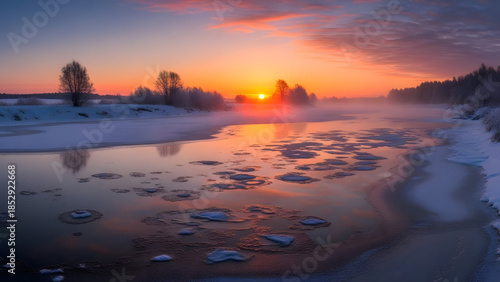 vibrant sunrise paints sky with orange and pink hues over frozen river with ice floes and mist rising from water surrounded by snow covered trees and frosty landscape at dawn