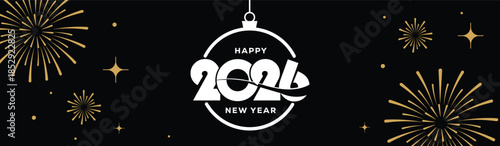 Festive black banner with bold white 2025 Happy New Year typography, surrounded by elegant golden fireworks and sparkling stars, perfect for holiday greetings, celebrations, party invitations.