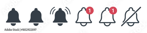 Collection of dark notification bell icons in different states like ringing with badge and silent mode