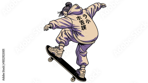 Dynamic Skateboarder Character Illustration in Vibrant Purple and Violet Aesthetic