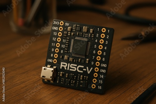 A RISC-V development board sits on a wooden workbench surrounded by various tools, representing a technical project in progress.