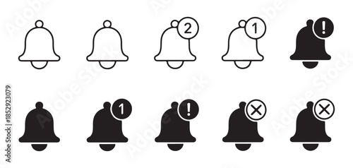 Bell notification icons outline and filled for mobile app alerts and message updates