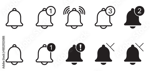 Collection of bell notification icons in outline and filled styles with badges and alerts