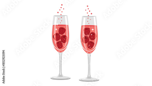 Two elegant champagne flutes brimming with a delightful pink sparkling raspberry drink, generously garnished with fresh, juicy raspberries, perfect for a celebration.