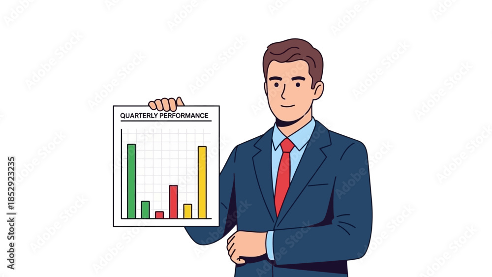 Fototapeta premium A professional man in a suit presents a quarterly performance report with a bar chart.