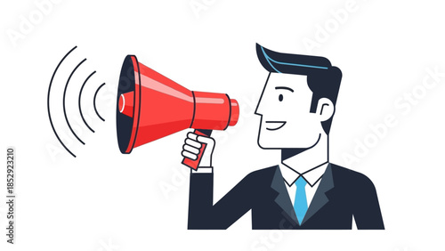 Businessman in a suit holding a red megaphone, making an announcement or advertisement, vector illustration.