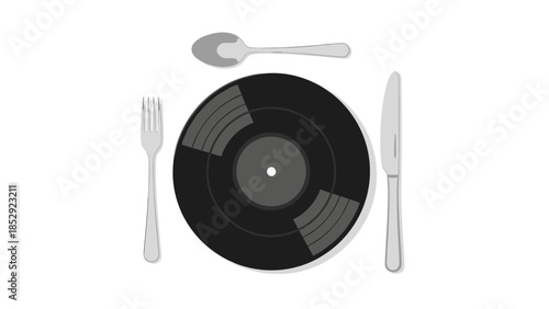 Unique music-themed dining experience featuring a classic vinyl record as a plate, flanked by a fork, knife, and spoon in a creative place setting.
