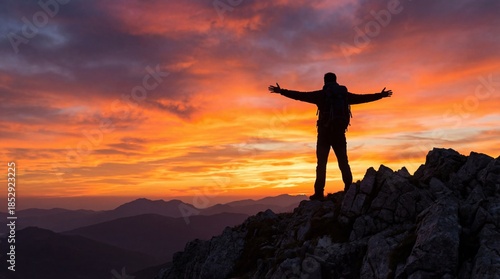 Hiker Silhouette Standing on Mountain Peak with Arms Open at Sunset
