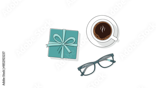 Thoughtful top-down composition featuring a light blue gift box with a decorative ribbon, a steaming cup of coffee, and stylish eyeglasses, suggesting a cozy moment or personal gift.