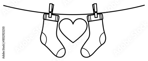 Cute socks hanging on clothesline with heart vector illustration love laundry concept