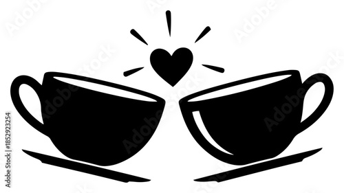 Two coffee cups toasting with a heart symbol vector illustration silhouette icon for cafe