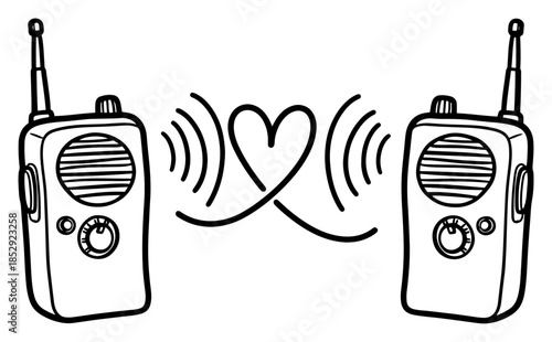 Walkie talkie pair connected by heart shaped frequency wave vector illustration cute line art