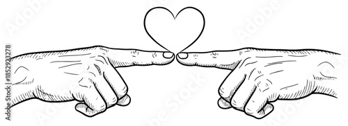 Two hands touching fingers creating a heart shape connection vector illustration engraving style