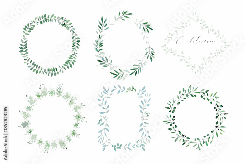 Watercolor leaf wreaths and frames in various shapes and arrangements