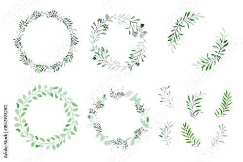 Collection of delicate green leaf wreaths and floral branch arrangements