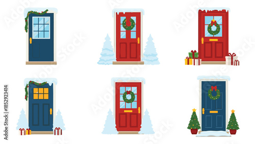 Charming collection of six festive Christmas doors, beautifully adorned with holiday wreaths, snow, small Christmas trees, and wrapped gifts, creating a warm holiday welcome.
