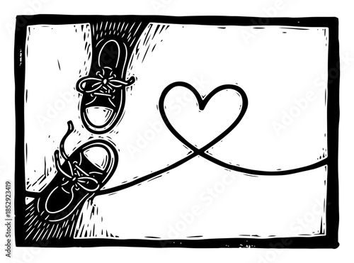 Sneakers top view with shoelaces forming a heart vector illustration linocut block print style