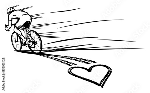 Cyclist riding bike leaving a heart shaped tire track vector illustration sport love concept