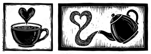 Coffee cup and teapot with heart shaped steam vector illustration set linocut style
