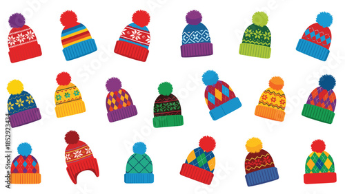 Vibrant collection of various colorful knitted winter hats, each featuring unique patterns and playful pom-poms, perfect for cold weather fashion.