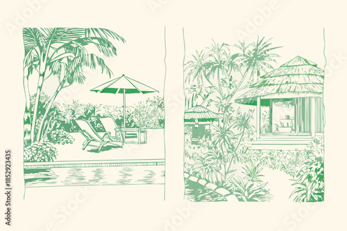 Tropical relaxation scene with palm trees beach umbrella and poolside lounge chairs
