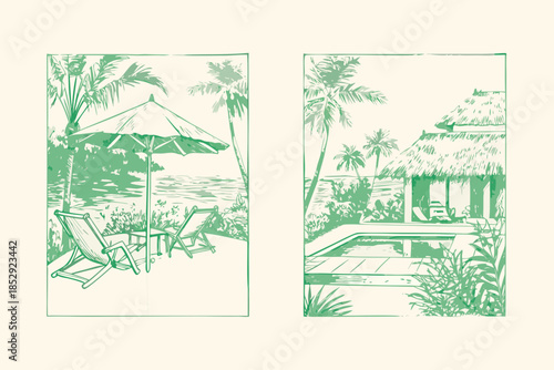 Tropical paradise beach lounge chairs and a poolside bungalow scene
