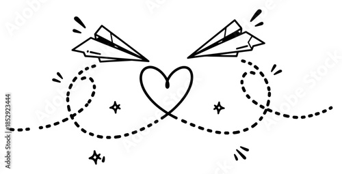 Two paper airplanes flying with dotted heart shaped trails vector illustration love message concept