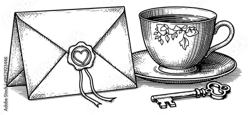 Vintage envelope with wax seal teacup and old key vector illustration romantic letter concept