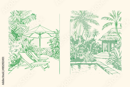 A serene tropical scene featuring palm trees a beach umbrella and lounge chairs