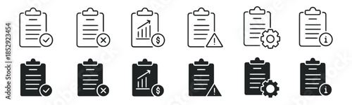 Collection of Clipboard Icons Checklist Document Report Vector Illustration Set in Line Art Style Containing Business Paper Approved Rejected Attention and Information Signs