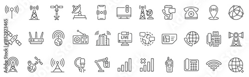 Collection of Communication and Connection Technology Icons Representing Telecommunication Signal Antenna Satellite Radio and Internet for Global Communications Exactly 200 Chars