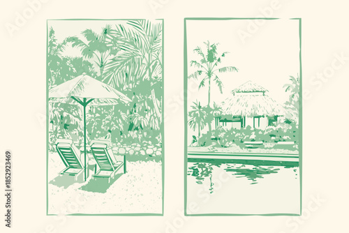Tropical beach scene with palm trees lounge chairs and a poolside bungalow
