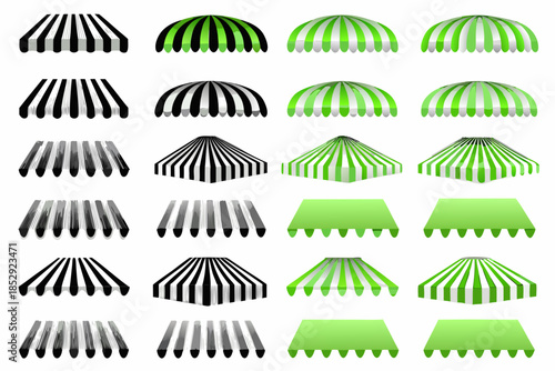 Collection of colorful striped and solid awnings in various perspectives
