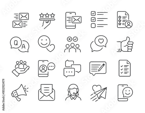 Collection of Customer Relationship Management Outline Icons Feedback Evaluation Communication and Social Interaction Concept