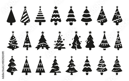 Collection of Decorative Christmas Trees in Black and White Silhouette Illustrations Vector Art Isolated on White Background for Winter Holiday Season Designs and Christmas Projects